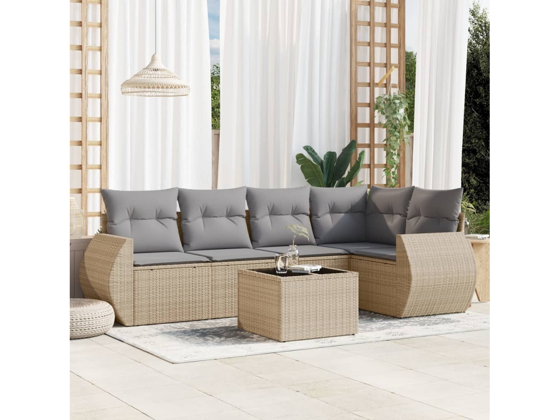 Vidaxl 6 Pcs Conjunto De Sofás P/ Jardim Com Almofadões Vime Pe Bege