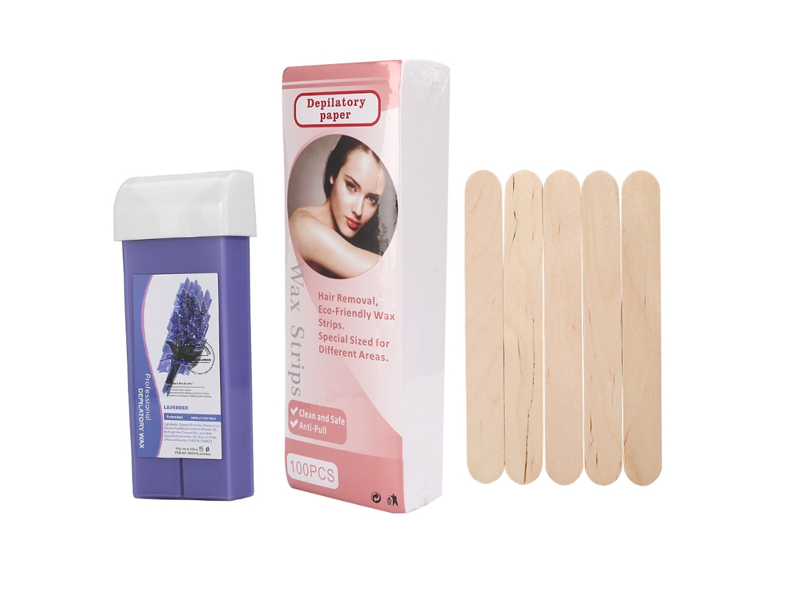 2026 kit Depilatório com Cera de 100g, 100 Papéis Depilatórios e 5 Espátulas de Madeira (lavanda)
