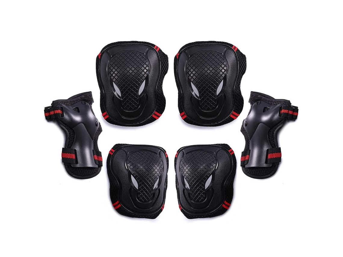 Kit De Equipamento De Proteção - 6 Peças Joelheiras Cotovelas Punhos Para Skate Bicicleta Patins (l, Preto + Vermelho)