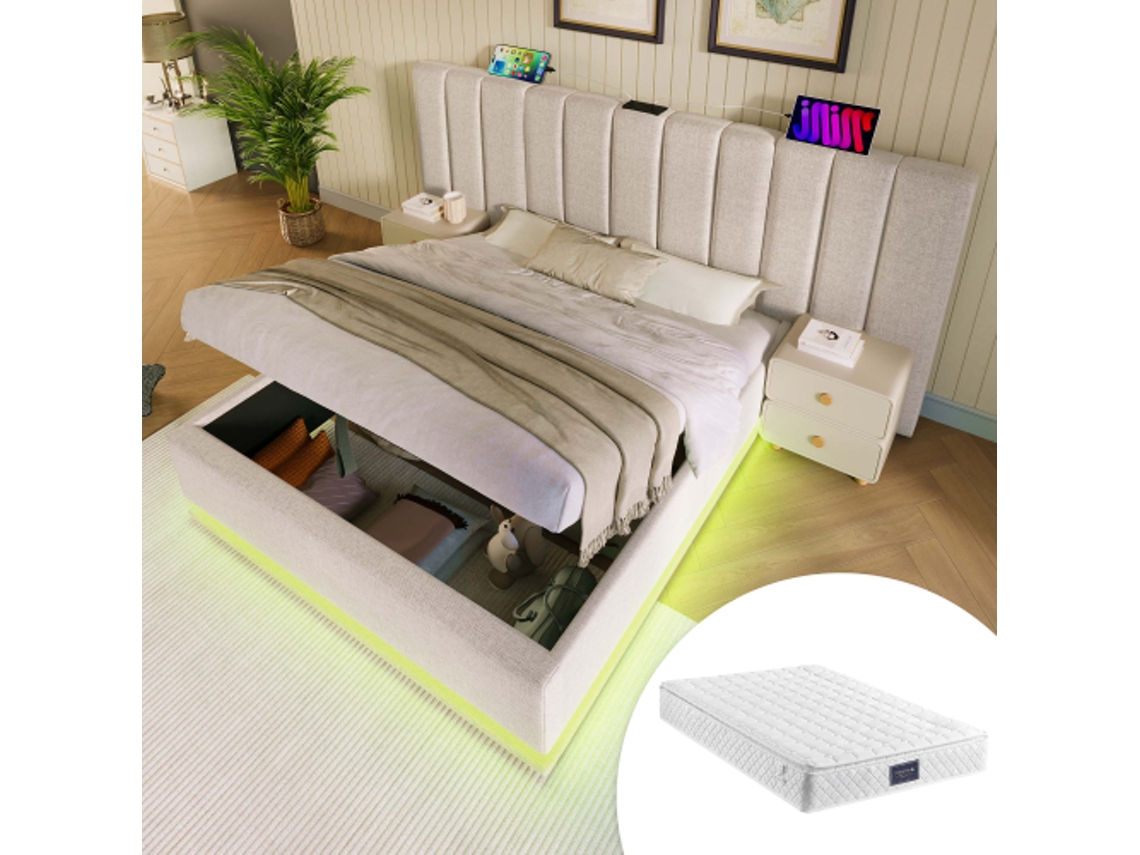 Polsterbett 160×200 Cm Com Armazenamento, Controle Por App Led E Usb C, Estrutura Com Ripas, Linho, Bege, Inclui Colchão, Sem Mesa De Cabeceira Quenty