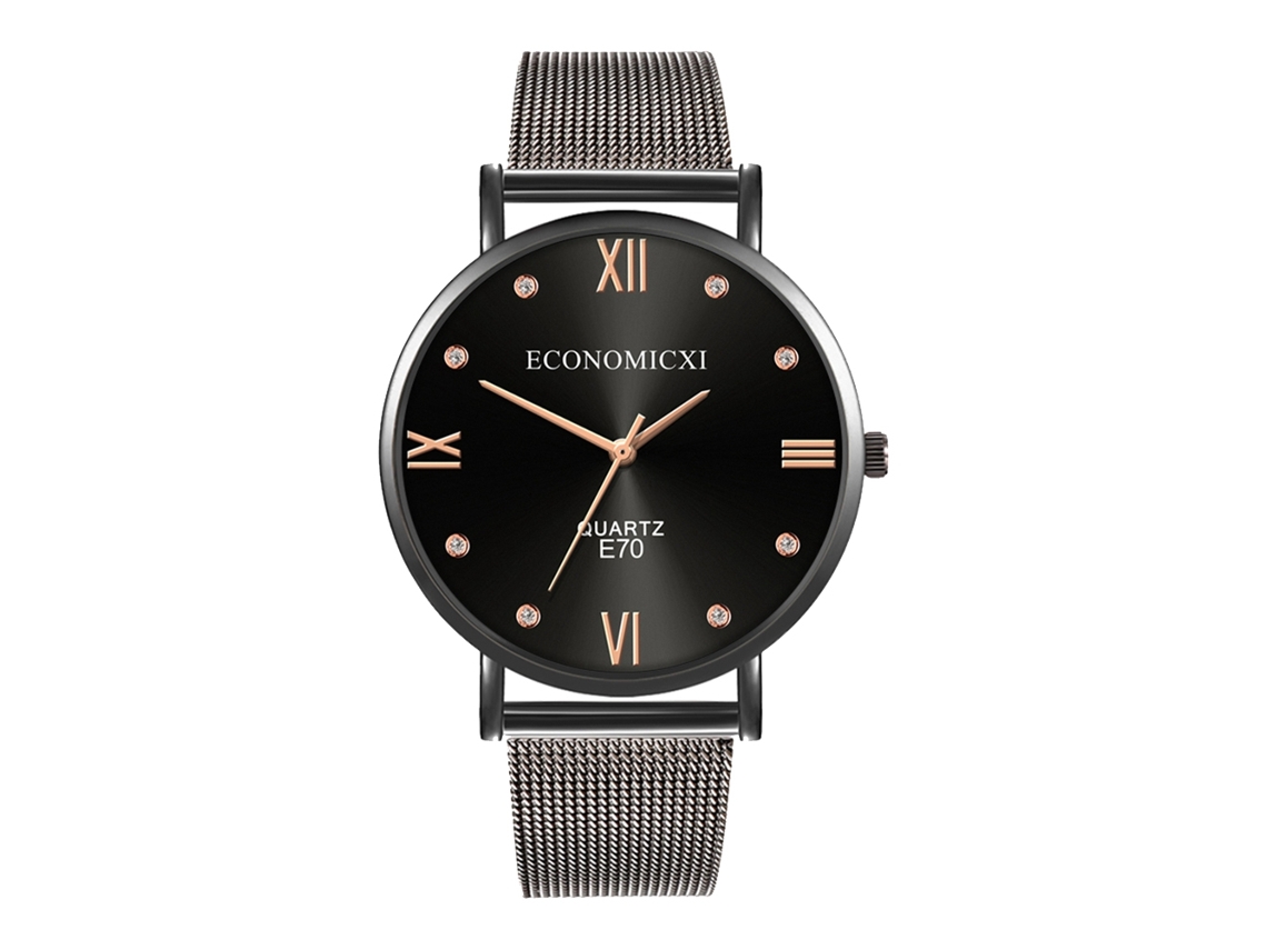 Relógio de Quartzo Casual Simples Estilo Moderno Pulseira de Malha Preto+preto