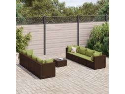Vidaxl 9 Pcs Conjunto Lounge Jardim C/ Almofadões Vime Pe Castanho