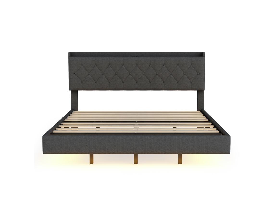 Cama Estofada Em Linho 160x200 Cm - Com Porta De Carregamento Usb E Led - Com Estrado - Cinzento