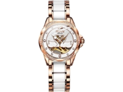 Relógio Mecânico Feminino Jin Shi Dun 8831, Com Detalhes Em Diamante Vazado E Revestimento Em Cerâmica À Prova D'água.