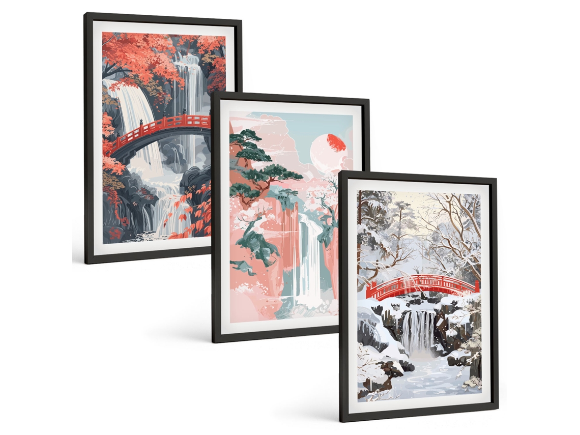Pinturas Murais Modernas Cachoeiras Estações Do Ano Moldura Preta Quadros Para A Sala De Estar Espelharte (3 Piezas De 40x60 Cm)