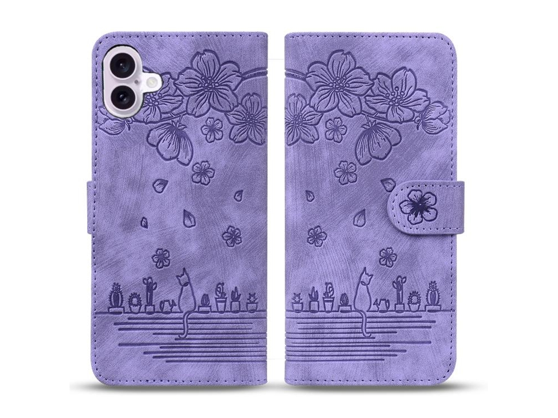Capa De Couro Para Iphone 17 Com Desenho De Gato Sakura Em Relevo.