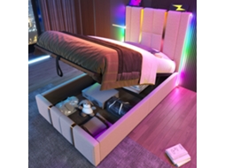 Cama 90x200 Estofada Led Usb c Arrumação Bege