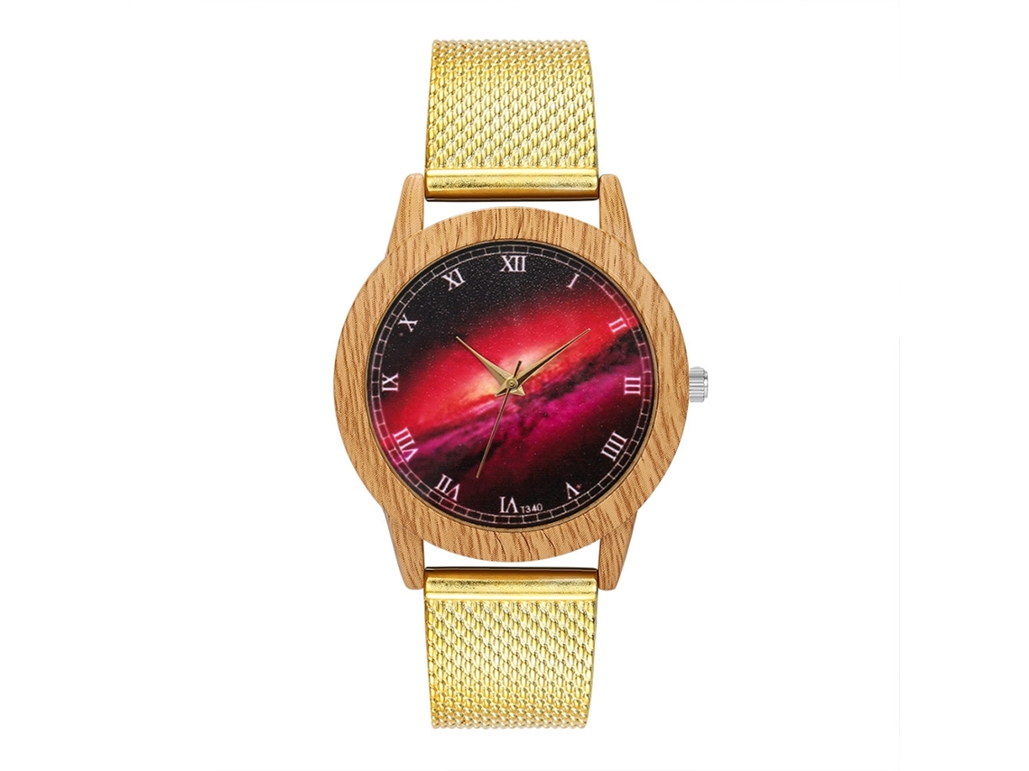 Relógio de pulso unissex com pulseira de malha, mostrador redondo moderno, movimento de quartzo dourado.