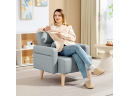 Poltrona de Couro Sintético Cinza com Braços Acolchoados, Pés de Madeira e Estrutura Moderna 77x78x78 Cm