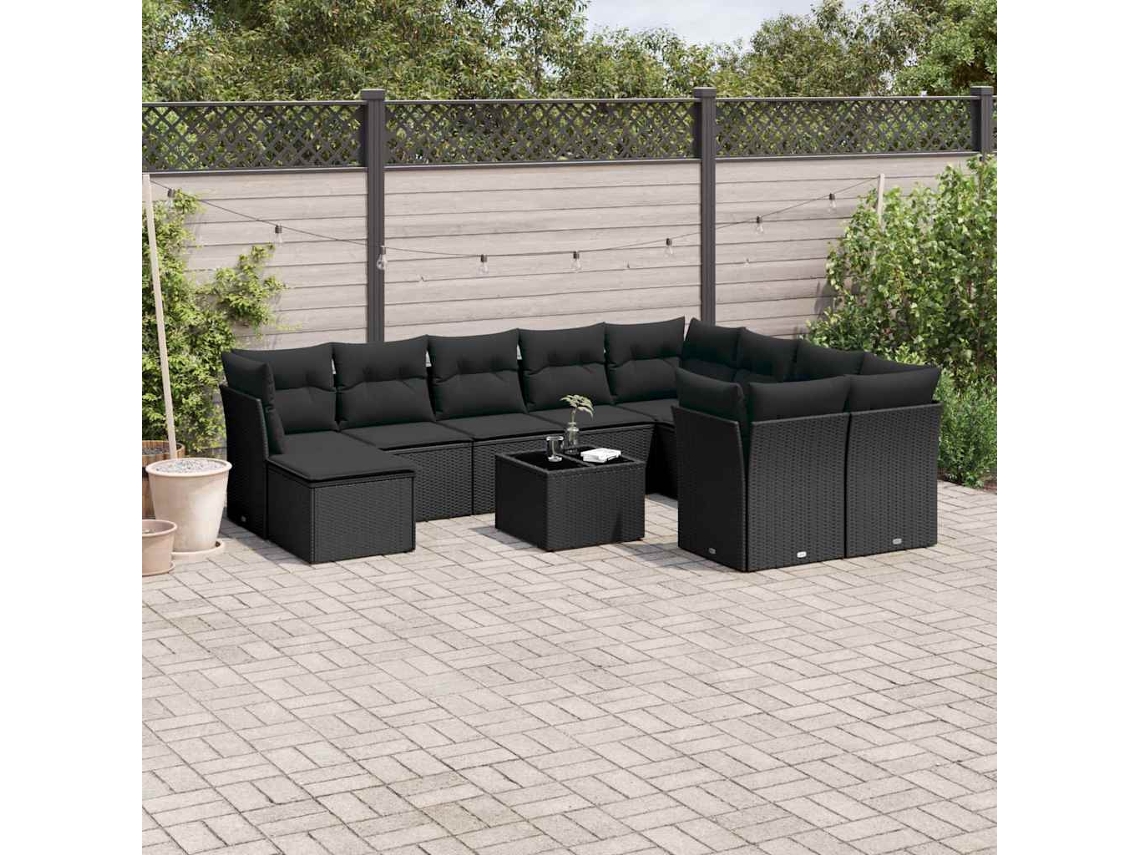 Vidaxl 11 Pcs Conjunto Sofás De Jardim C/ Almofadões Vime Pe Preto