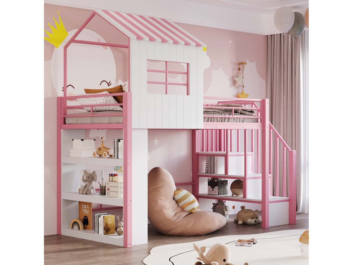 Cama Elevada 90x200cm Rosa Proteção Alta Estante Armazenamento