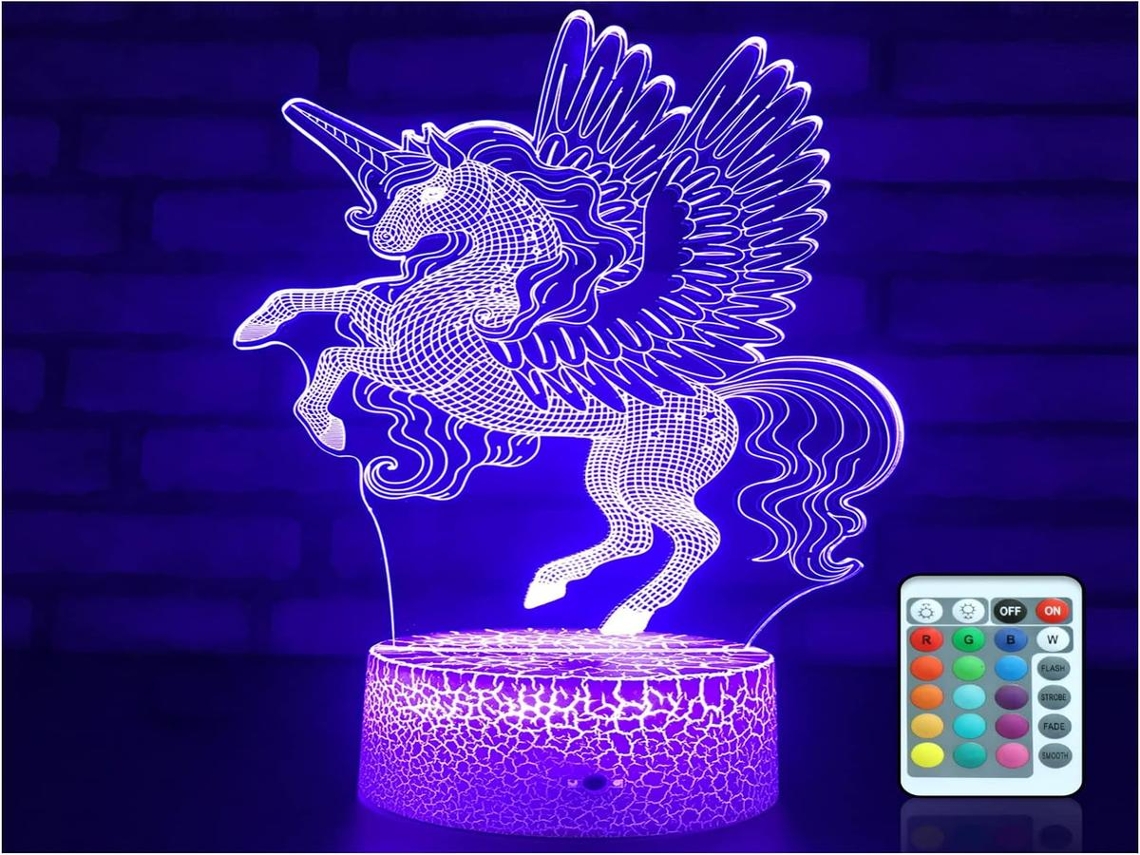 Luminária noturna 3D Lurelia em formato de unicórnio com controle remoto, sensor de toque, brilho ajustável e RGB para quartos infantis e cabeceiras.