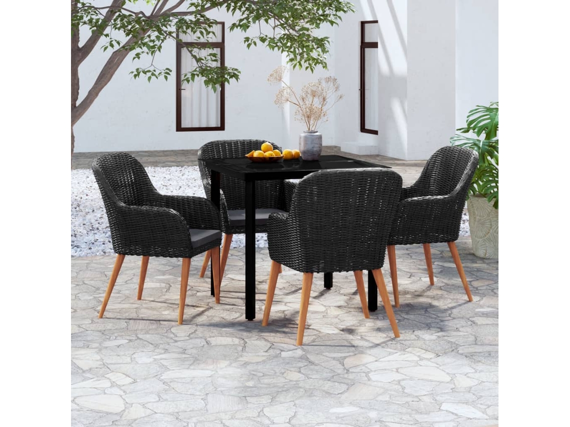 Vidaxl 5 Pcs Conjunto De Jantar P/ Jardim C/ Almofadões Preto