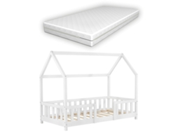 Cama Infantil Estilo Cabana Com Colchão Grade De Proteção E Estrado De Ripas Em Madeira De Pinho Branco 80 X 160 Cm 03_0005482