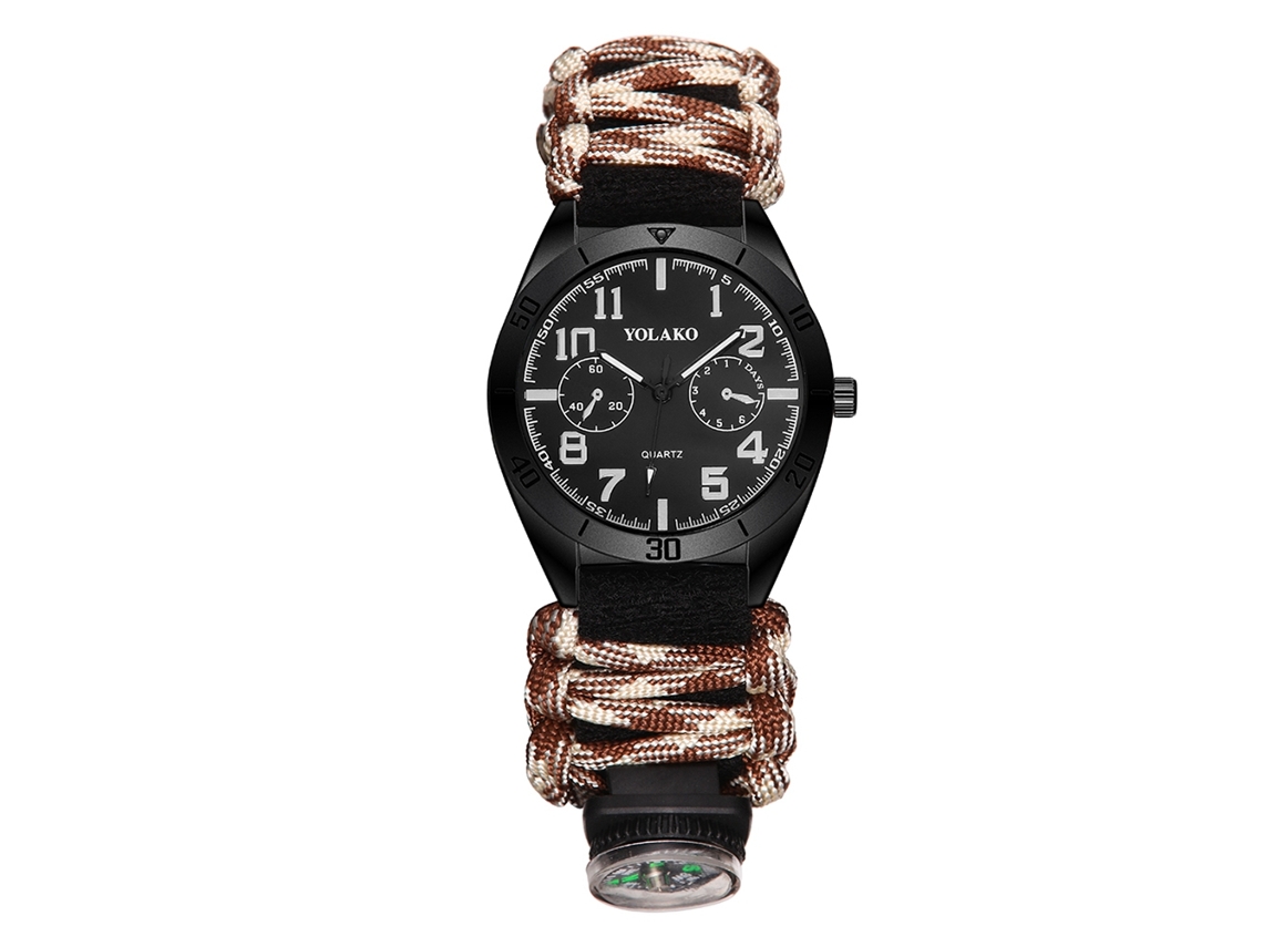 Relógio de pulso masculino com bússola para caminhadas, montanhismo e camping, marrom.