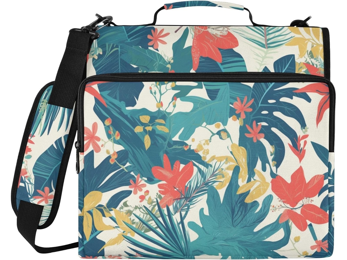 Pasta Organizadora De 3 Argolas Com Estampa Folhas Tropicais Verão, 3, 8cm De Diâmetro, Com Alça, Vários Bolsos