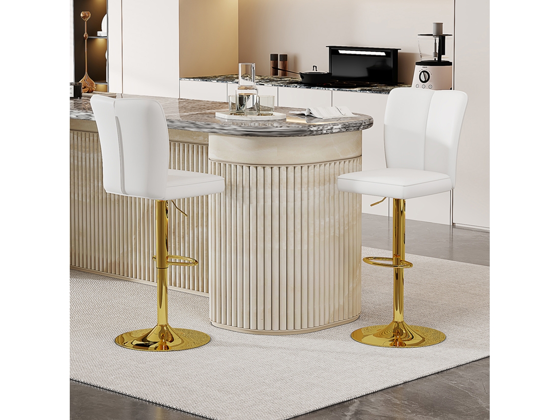 Bancos De Bar Ajustáveis, 2 Unidades - Giratórios A 360° - Pu Resistente À Água - Branco + Dourado