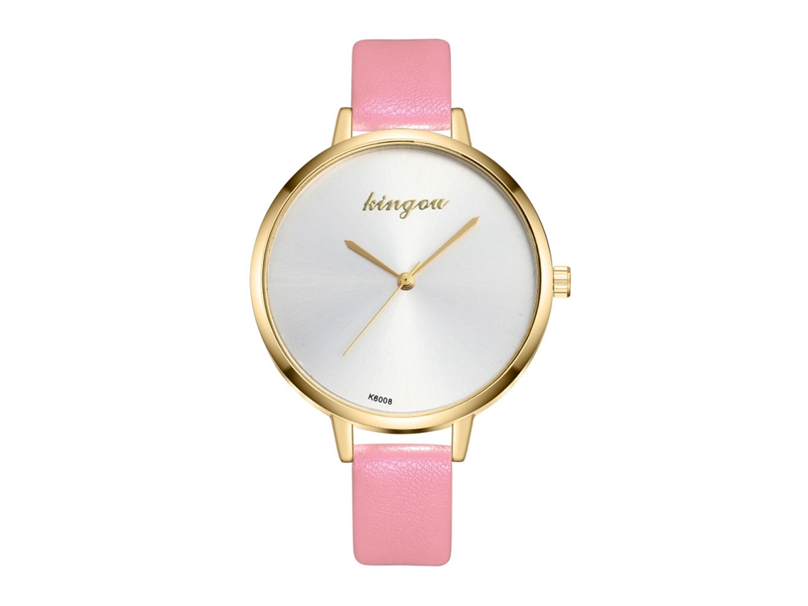 Relógio de Pulso Feminino de Quartzo Analógico Pulseira Pu Mostrador Clássico Rosa
