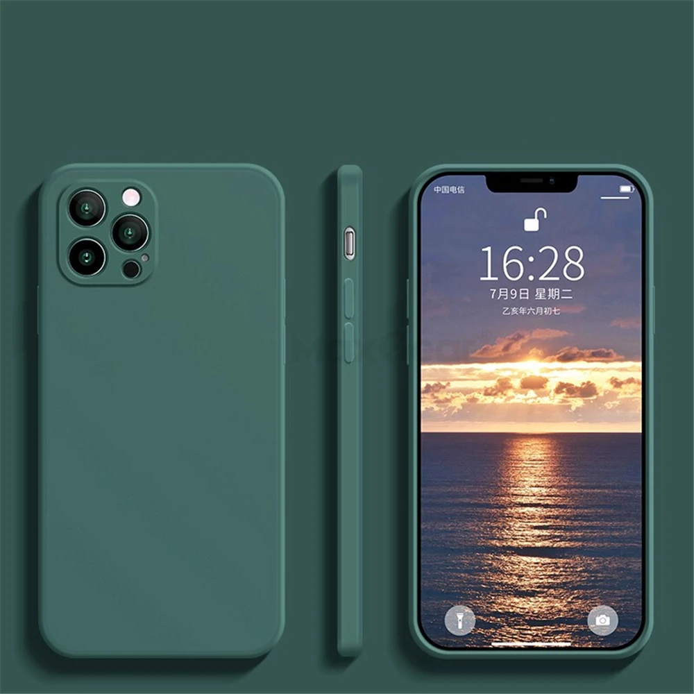 Capa Quadrada De Silicone Líquido (verde Escuro Para Iphone 14), À Prova De Choque E Macia.