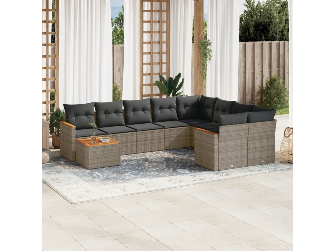 Vidaxl 10 Pcs Conjunto Sofás De Jardim C/ Almofadões Vime Pe Cinzento