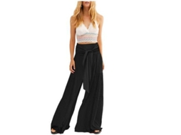 2026 pantalones de Descanso de Pierna Ancha para Mujer com Cintura Alta e Cinto Amarrado, Pantalones de Ioga Sueltos Boho Praia S Negro