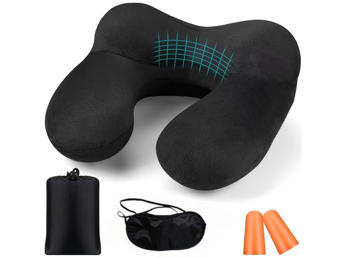 Almofada De Viagem Inflável Ergonômica Com Protetores Auriculares E Máscara Para Os Olhos, Em Veludo Macio Preto. Aquaforge