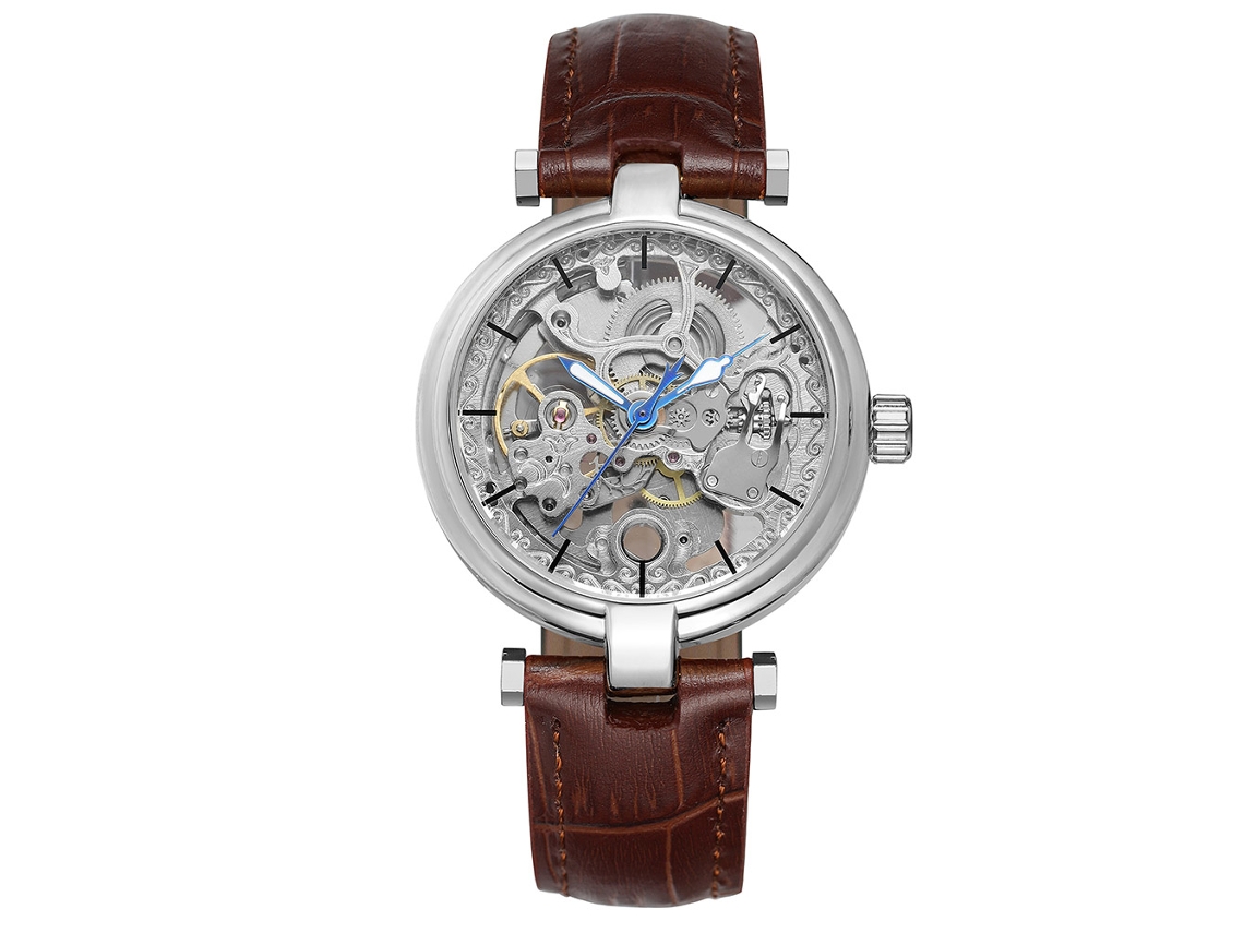 Reloj Automático Mecánico Para Hombre Con Caja Plata Y Correa Marrón Impermeable