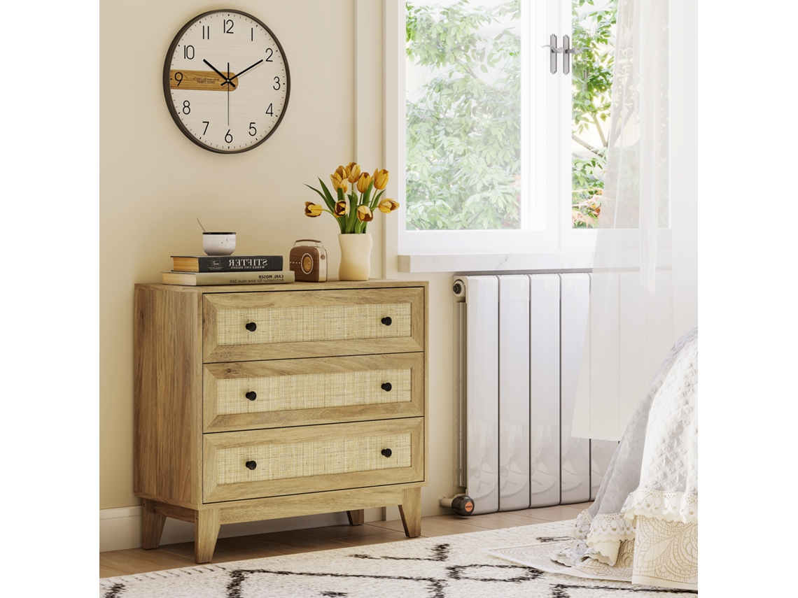 Cômoda 3 Gavetas Madeira Frente Rattan Estilo Conserva Quarto 80x35x76 Cm Natural