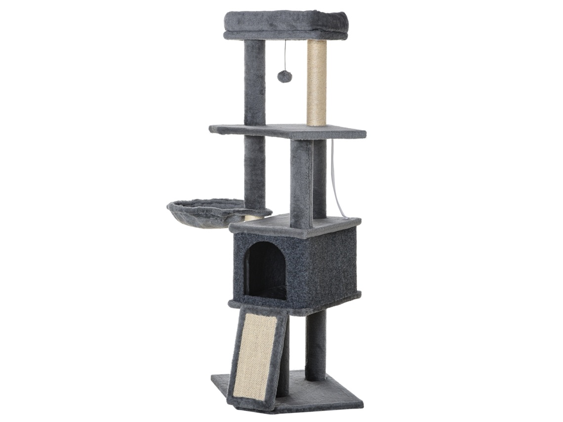 Arranhador 127 Cm Com Caverna Rede Cama Plataformas Rampa De Sisal Bola Pendurada Cinza