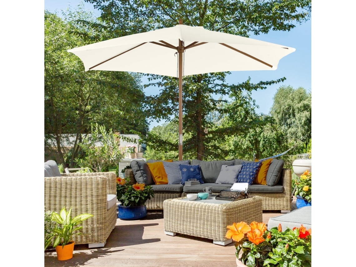 Guarda-sol De Bambu Ø2,5m 3 Níveis Em Poliéster Branco, Proteção Solar Para Jardim E Terraço