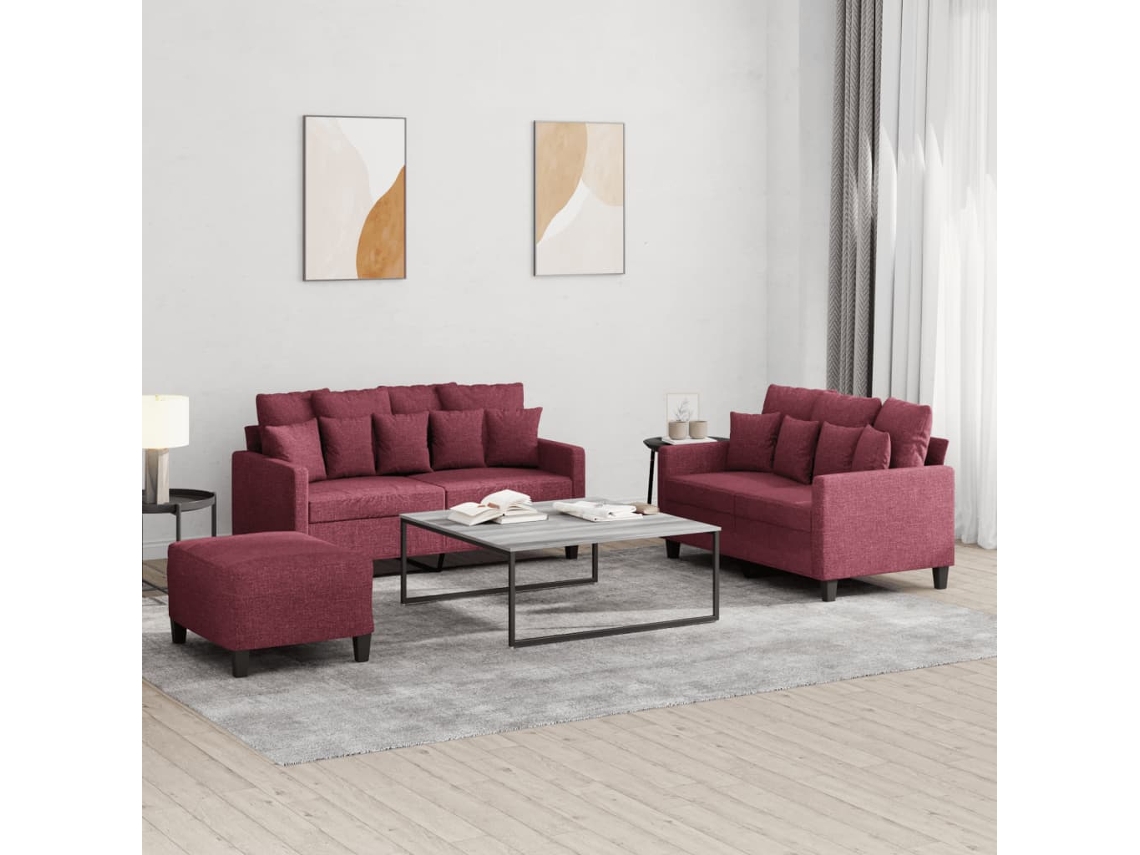 Vidaxl 3 Pcs Conjunto De Sofás Com Almofadões Tecido Vermelho Tinto