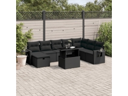 9 Pcs Conjunto De Sofás P/ Jardim C/ Almofadões Vime Pe Preto Dkd Home Decor
