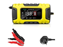 Carregador automático de baterias para carros e motos com visor digital e proteções inteligentes.