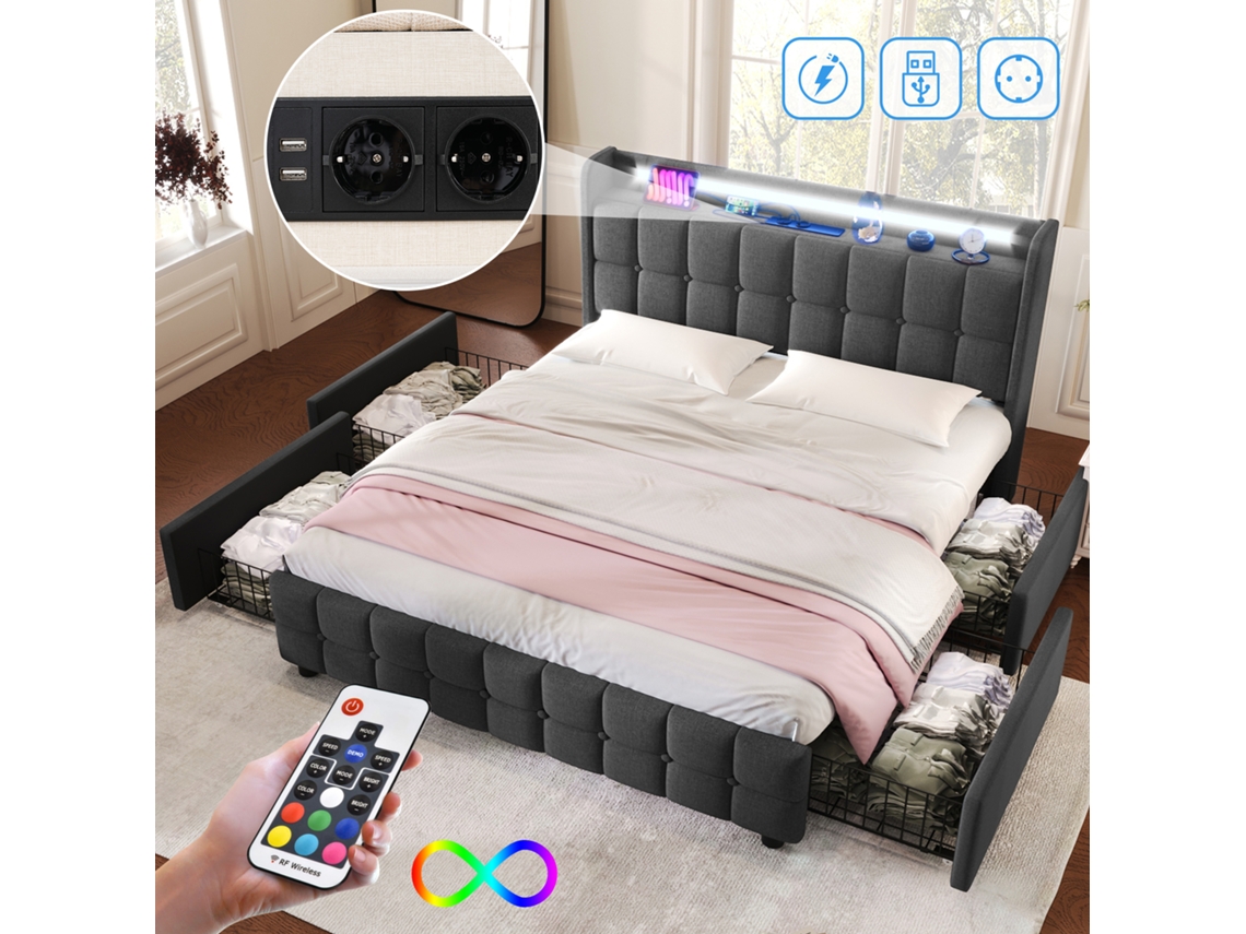 Cama Casal 160x200cm Com Usb, Led, Gavetas E Armazenamento Cinza