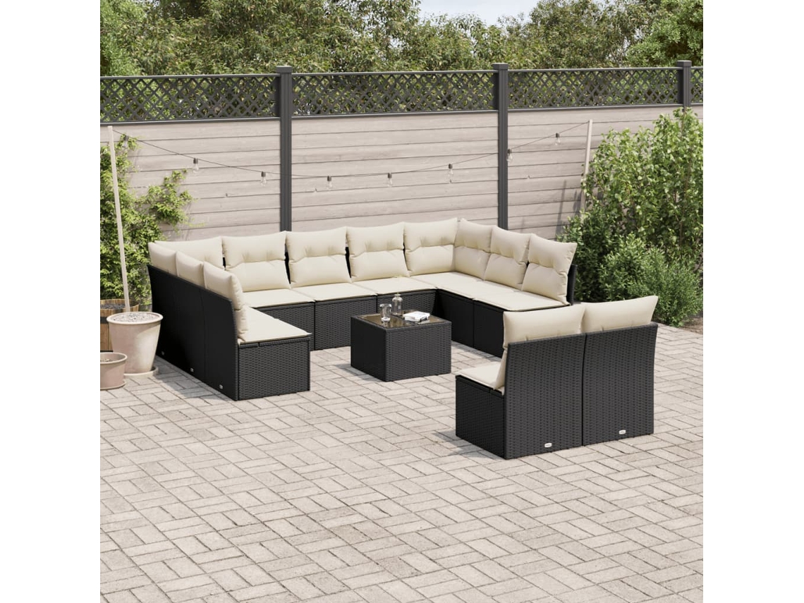 12 Pcs Conjunto De Sofá Jardim C/ Almofadões Vime Pe Preto Dkd Home Decor
