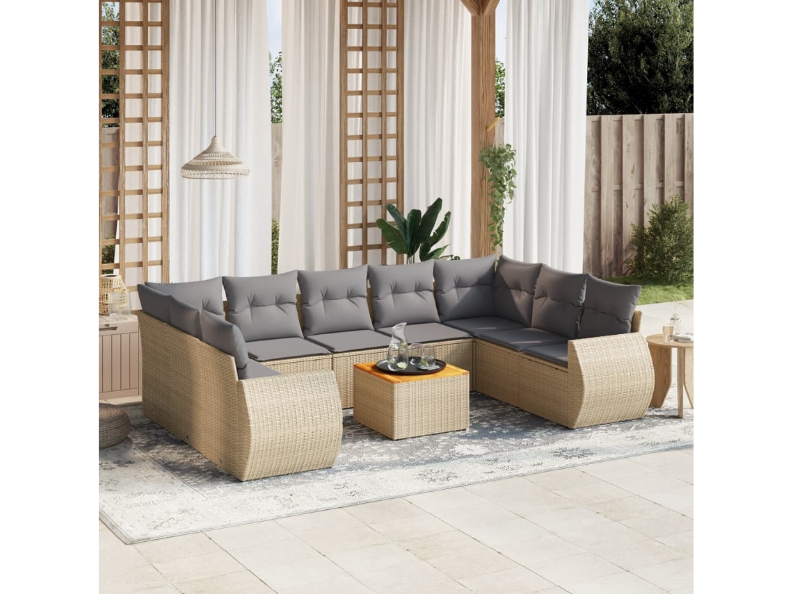 10 Pcs Conjunto De Sofás P/ Jardim Com Almofadões Vime Pe Bege Dkd Home Decor