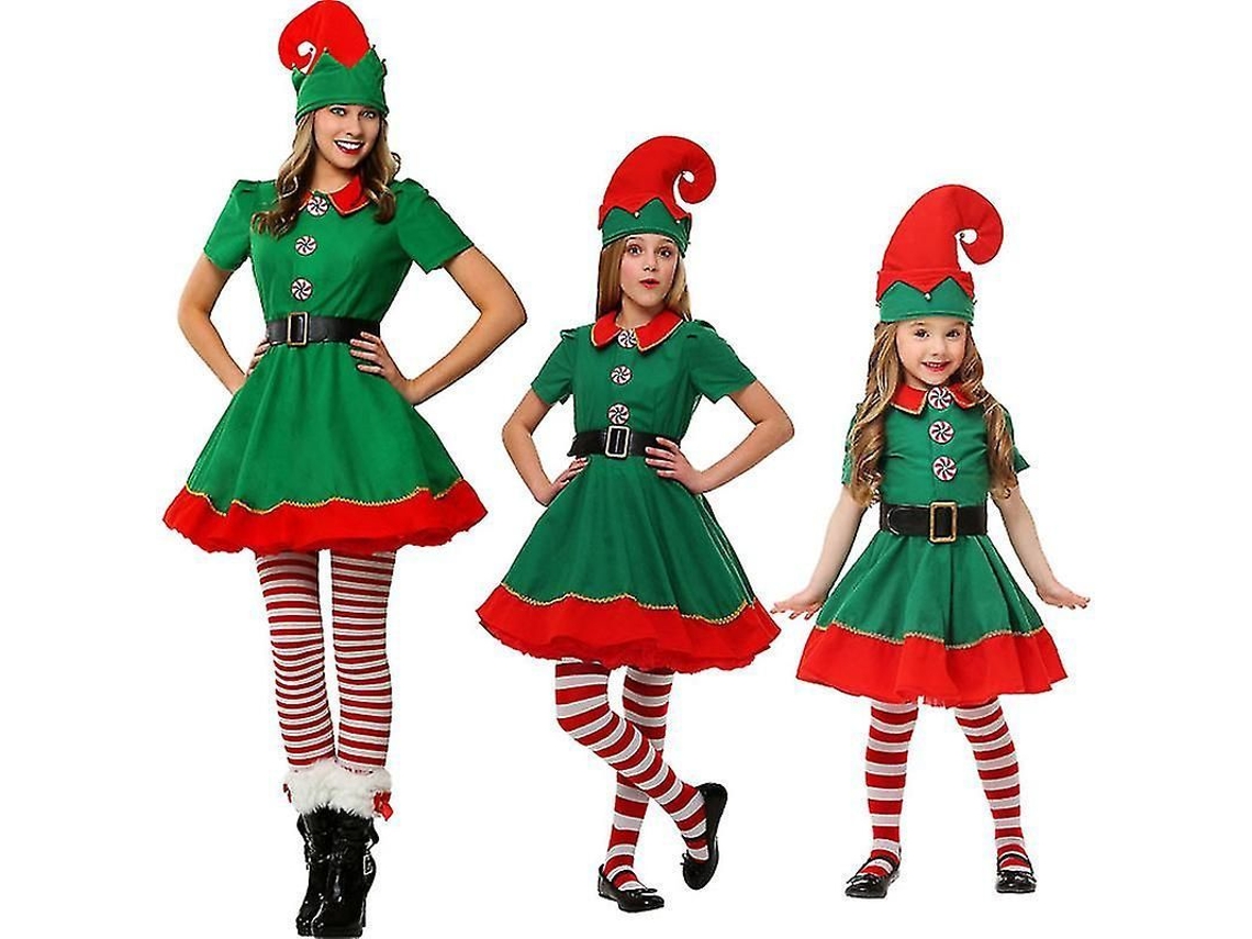 2026 traje de Elfo de Natal para Crianças e Adultos com Boné, Roupa, Cinto e Meias para Festa de Carnaval Familiar