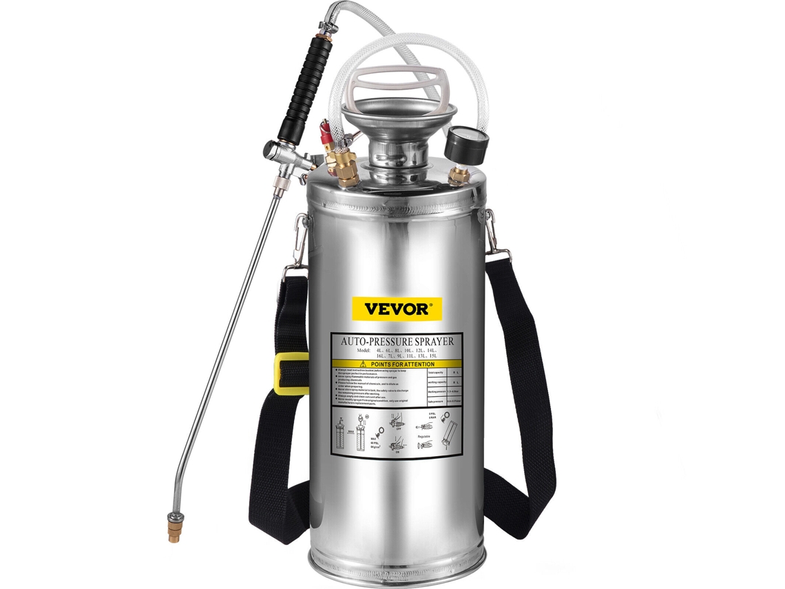 Pulverizador de Pressão de Jardim de Aço Inoxidável 2 Galões/8L com Bomba Manual de Spray de 3 Pés
