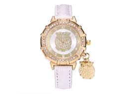 Relógio de Pulso Feminino com Pingente de Coruja e Pedras Strass de Couro Pu Branco