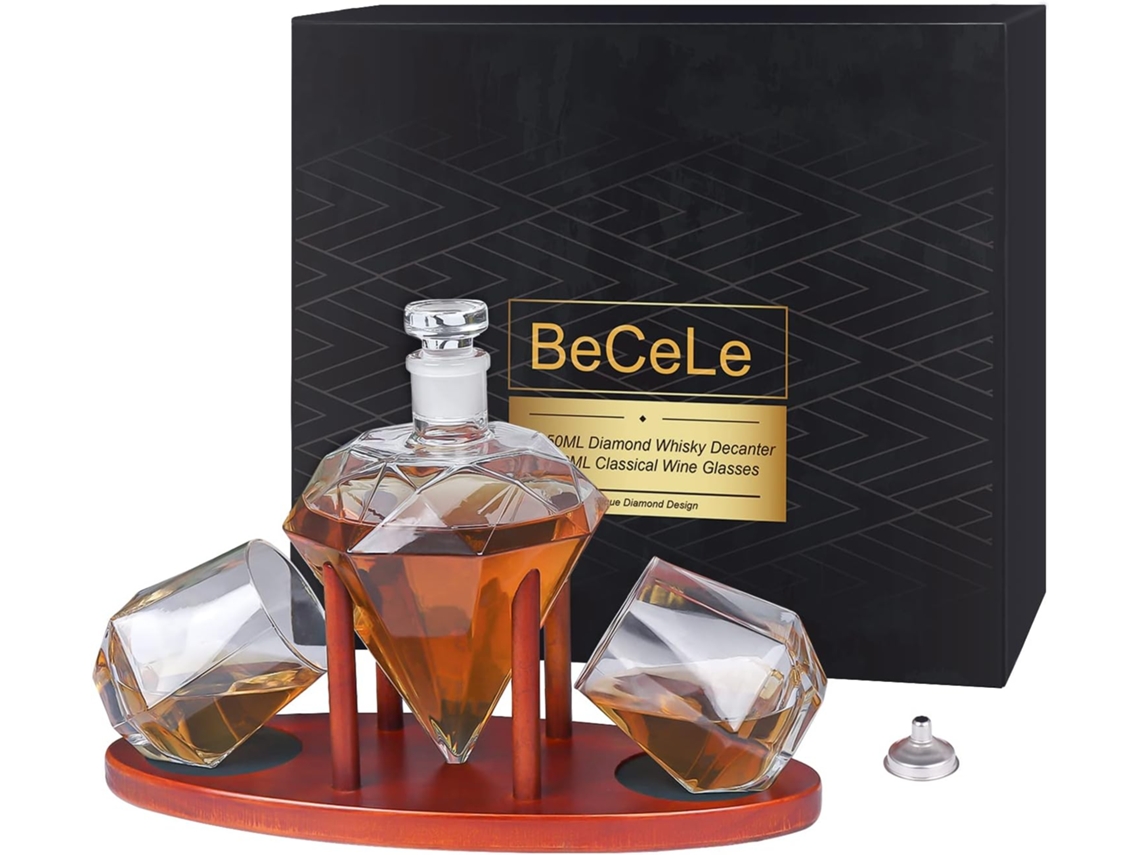 Whiskey Decanter, Whiskey Glass Gift Set 2pcs, Whiskey Glass Decanter With Wooden Tray Stand, Gift For Men Beijiyi