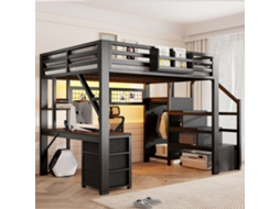 Cama Alta De Metal E Mdf Preta 140x200 Cm
