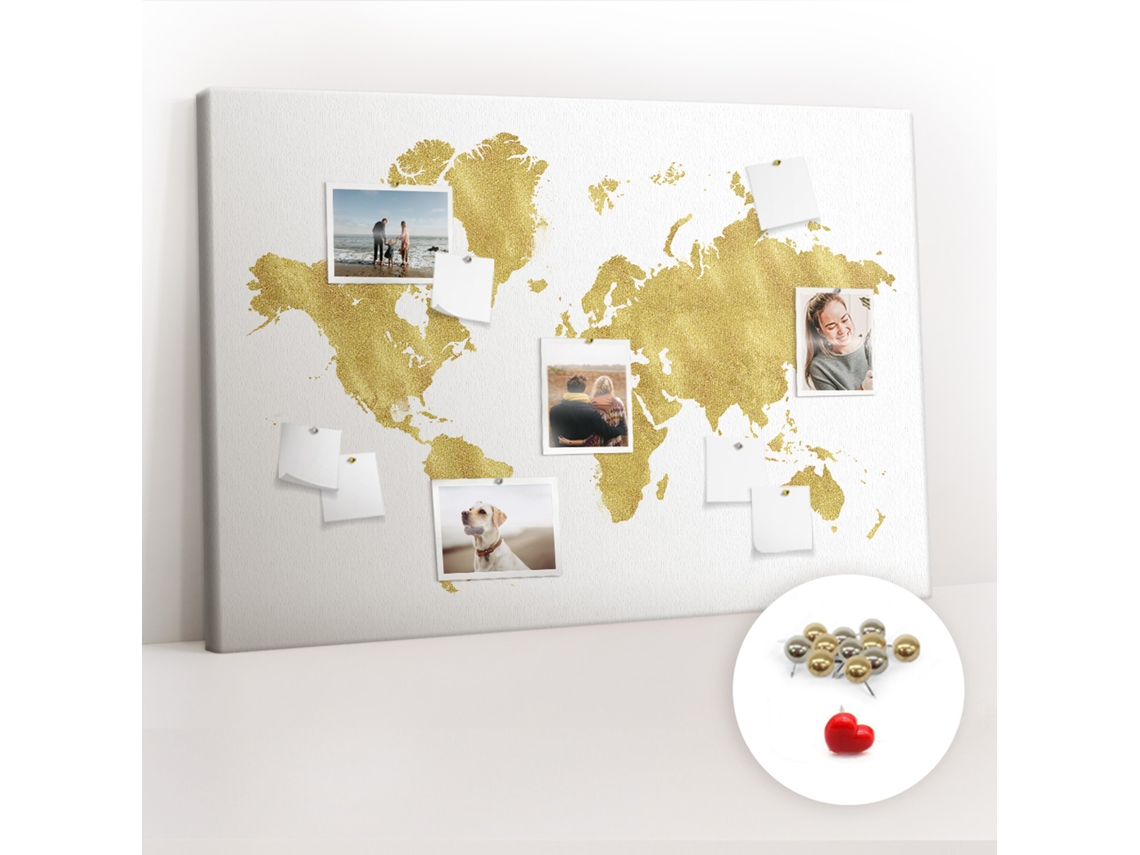Quadro De Cortiça Mapa-múndi Dourado Para O Quarto Das Crianças Espelharte (120x80 Cm)