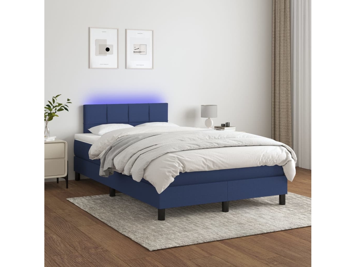Vidaxl Cama Box Spring C/ Colchão E Led 120x200 Cm Tecido Azul