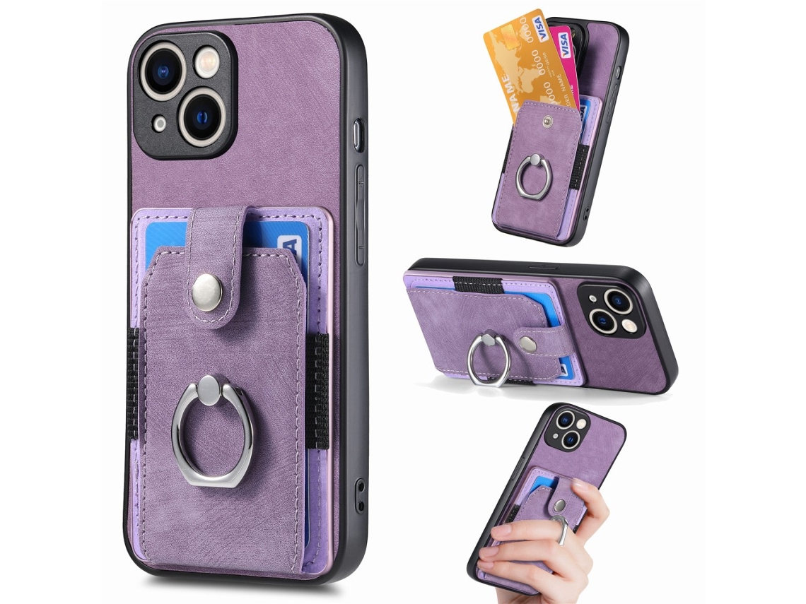Suporte Casa Para Iphone 15 Plus Pele Sintética Com Porta-cartões Roxo