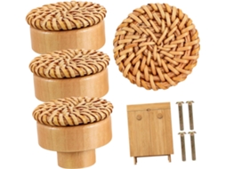 Doitool Puxadores De Rattan Para Armário, Conjunto De 4 Peças, Puxadores De Madeira Para Gavetas, Estilo Boho, Para