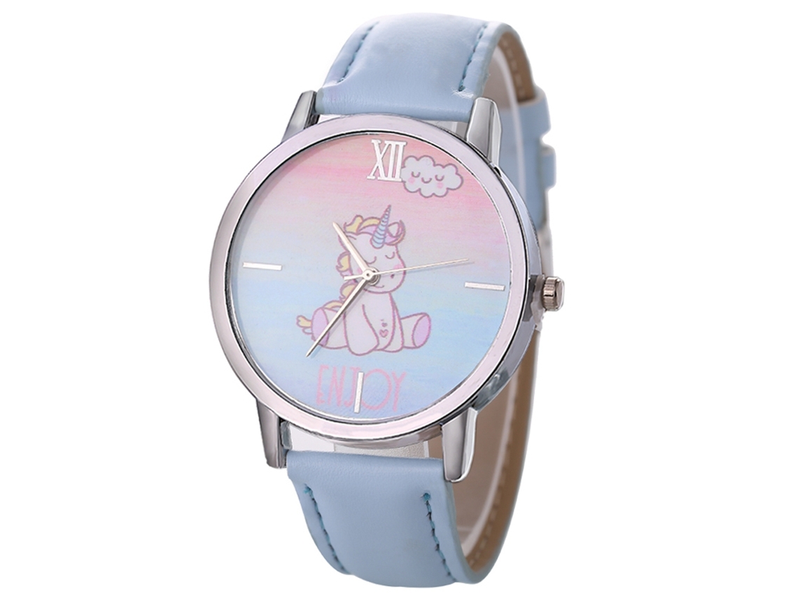 Relógio de Pulso Feminino de Quartzo com Mostrador Redondo e Pulseira de Couro Azul Claro