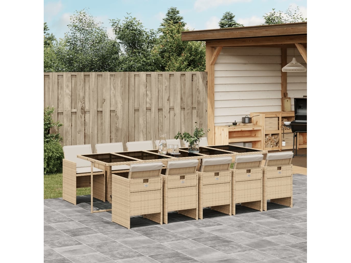 Vidaxl 11 Pcs Conjunto De Jantar P/ Jardim Com Almofadões Vime Pe Bege