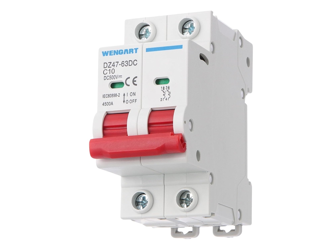 Disjuntor CC 500V 10A - Proteção Termomagnética de 2 Polos - Ideal para Sistemas Fotovoltaicos Solares, Baterias e Autocaravanas - Montagem