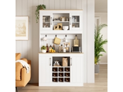 Buffet De Cozinha 175cm Com Estrutura Superior, Portas Envidraçadas, Arrumação Para Vinho E Barra De Ganchos, Amplo Espaço Para Loiça
