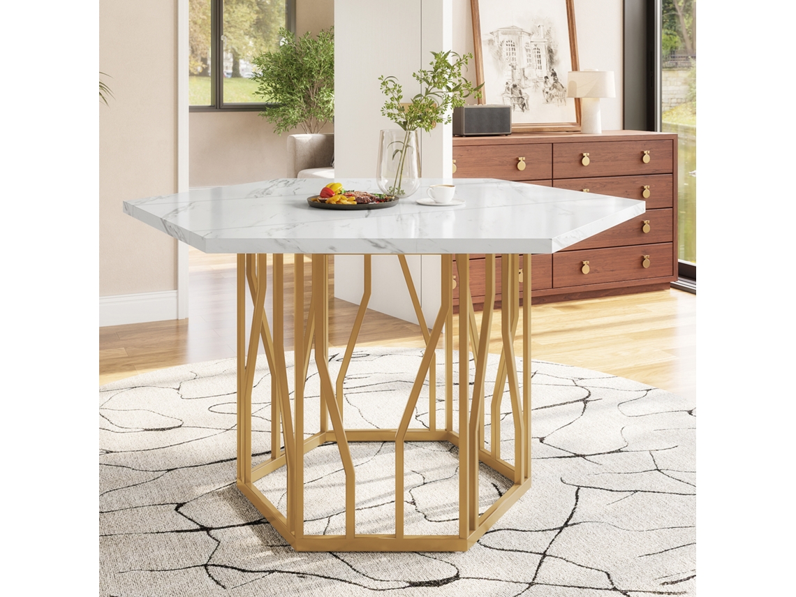 Mesa De Jantar Hexagonal Em Mármore, Adequada Para Sala De Jantar E Sala De Estar, Dourada.